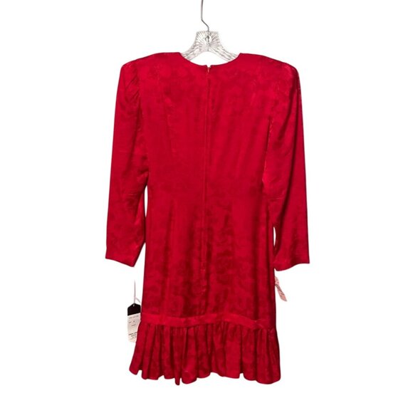 Vtg Maggy London Petites Red Floral Silk Long Sleeve Dress Size 4 Ruffle Hem New - Picture 2 of 8